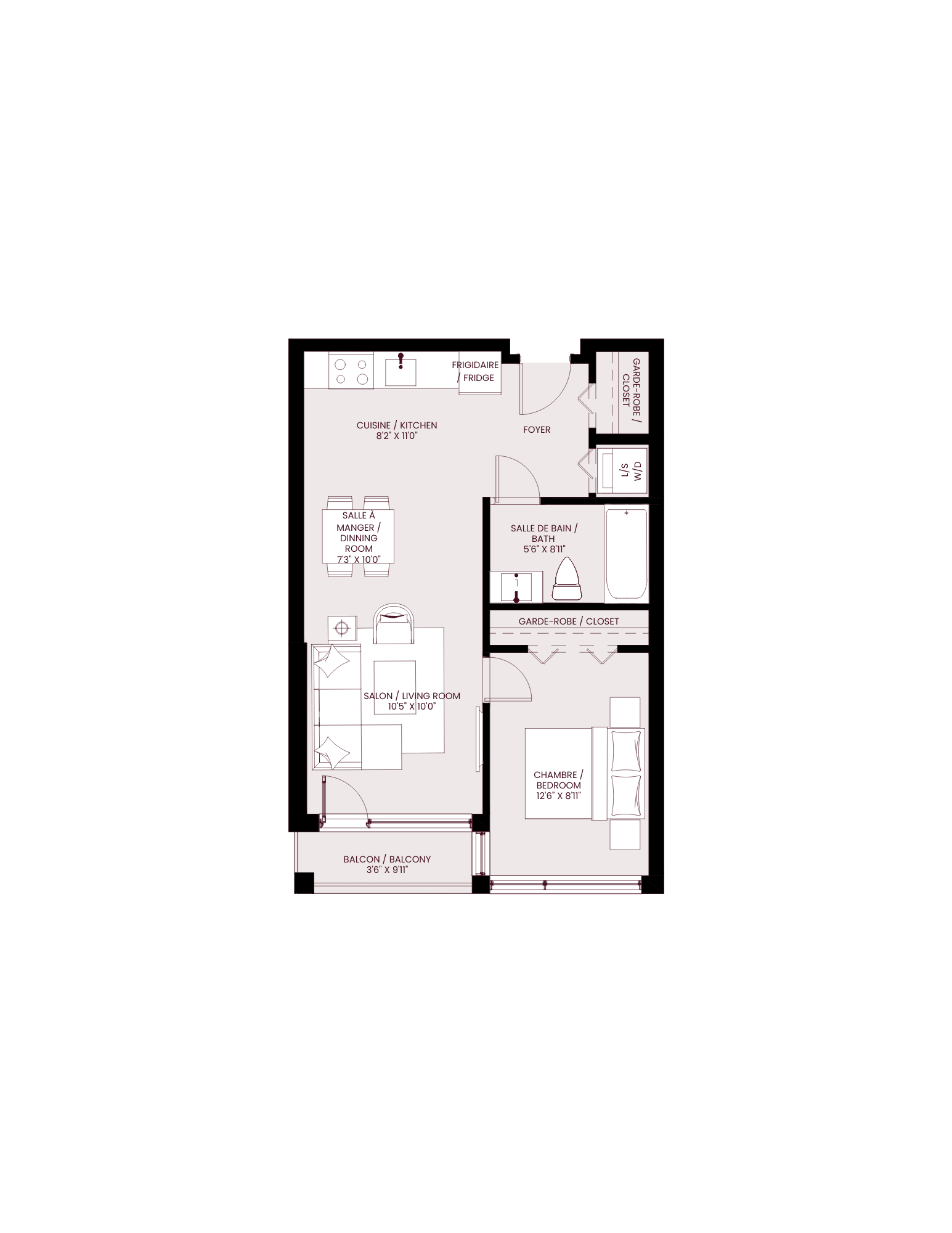 Floor plan for 1 bed, 1 bath, 587 sqft